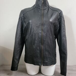 VERA PELLE Black Jacket‎ Smooth Faux Leather 48 Full Zip Pockets High Neck Motto
